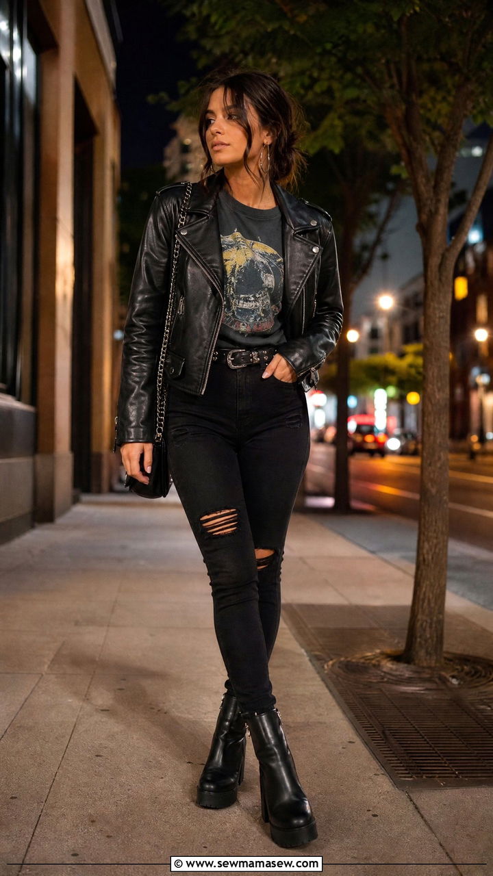 Band Tee With Ripped Jeans And A Leather Moto Jacket - 30 streetwear outfits ideas