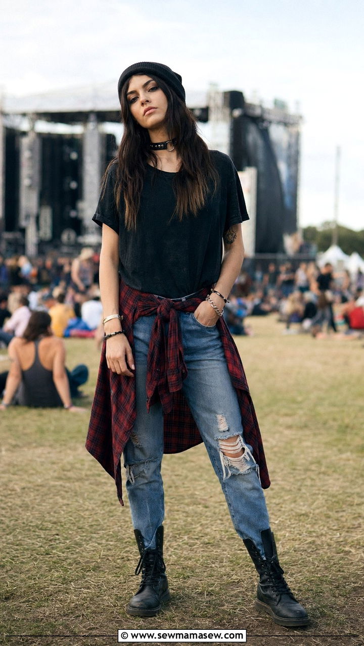 Band Tee With Ripped Jeans and Flannel Tied at Waist - 35 90s capsule wardrobe outfits