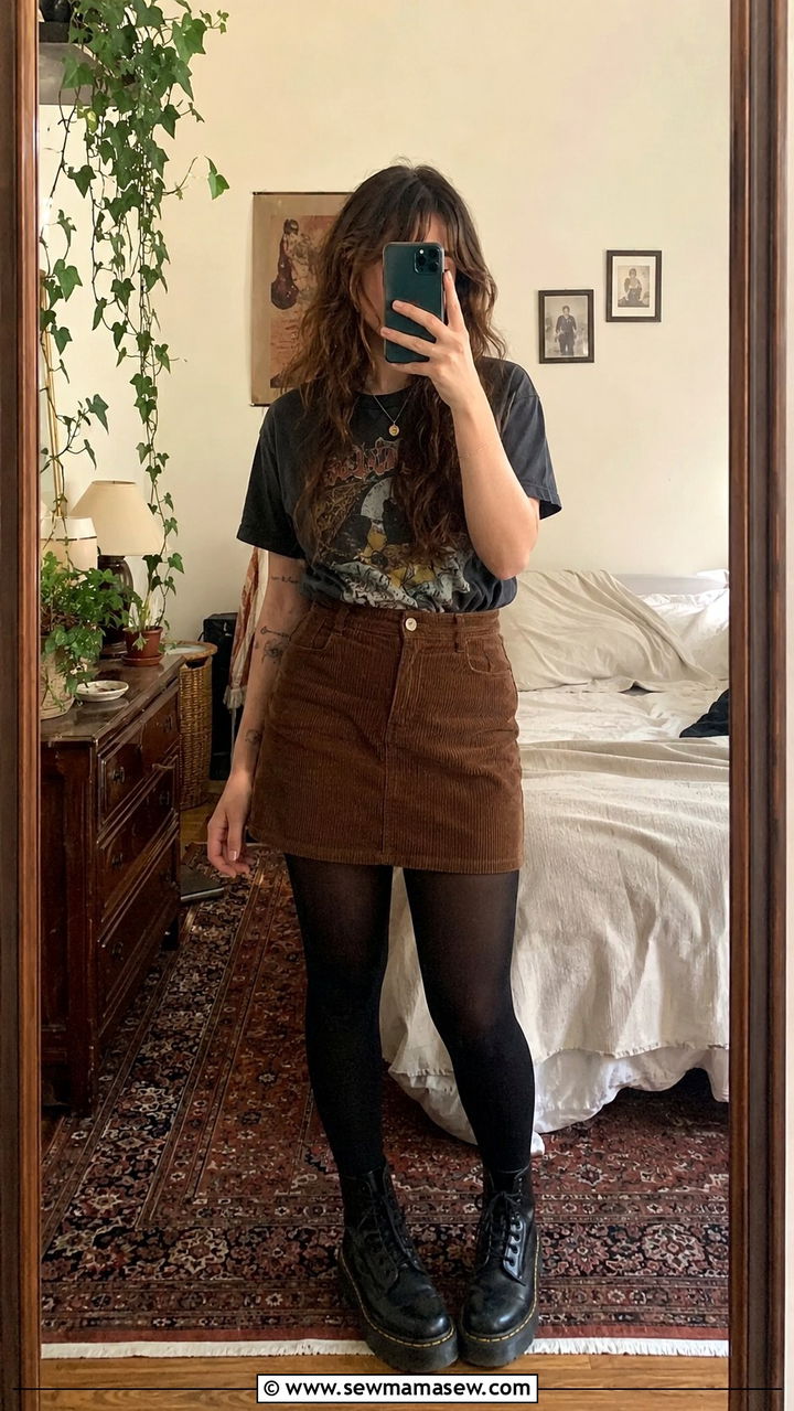 Band Tee and Corduroy Mini Skirt with Tights and Docs - 30 grunge outfits inspo
