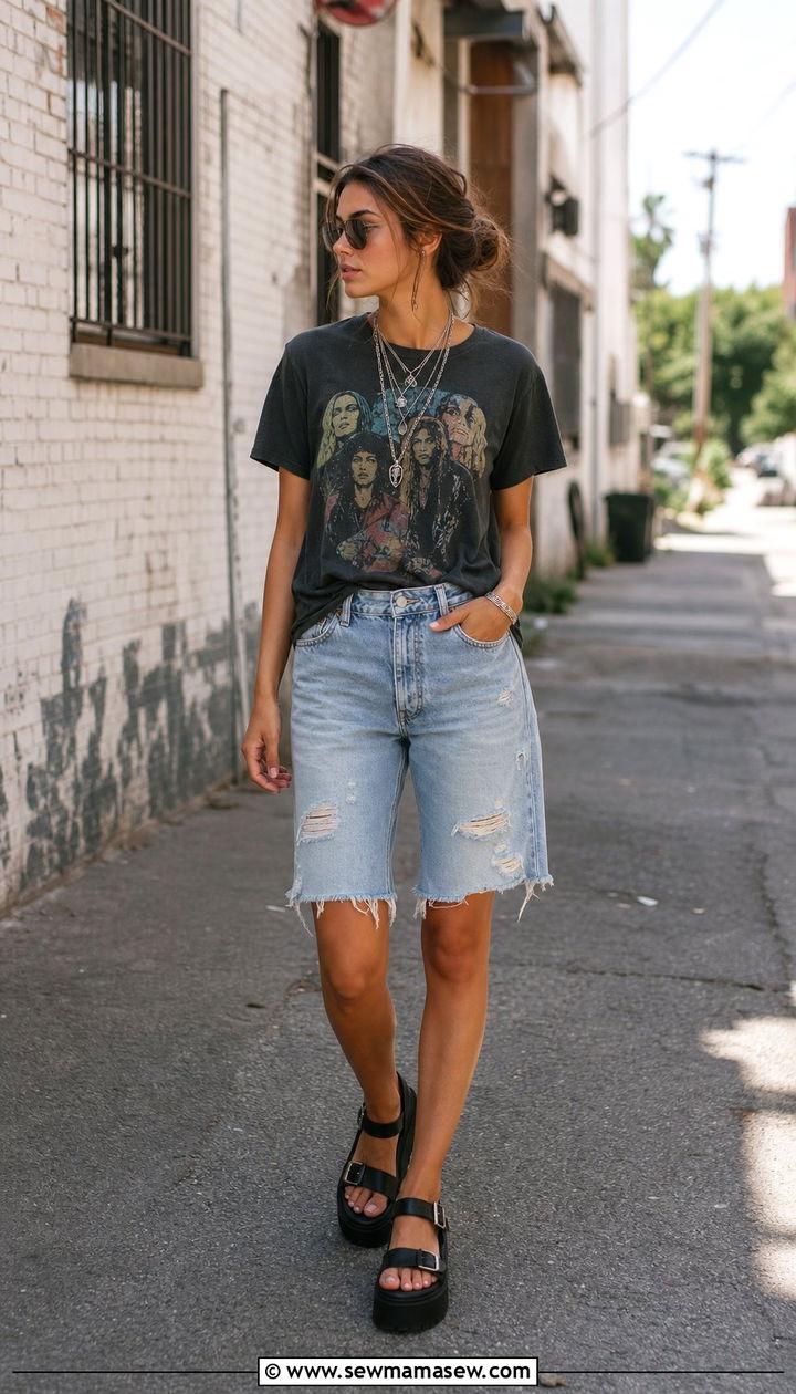 Band Tee and Distressed Denim Bermuda Shorts - 25 summer bermuda shorts outfit ideas