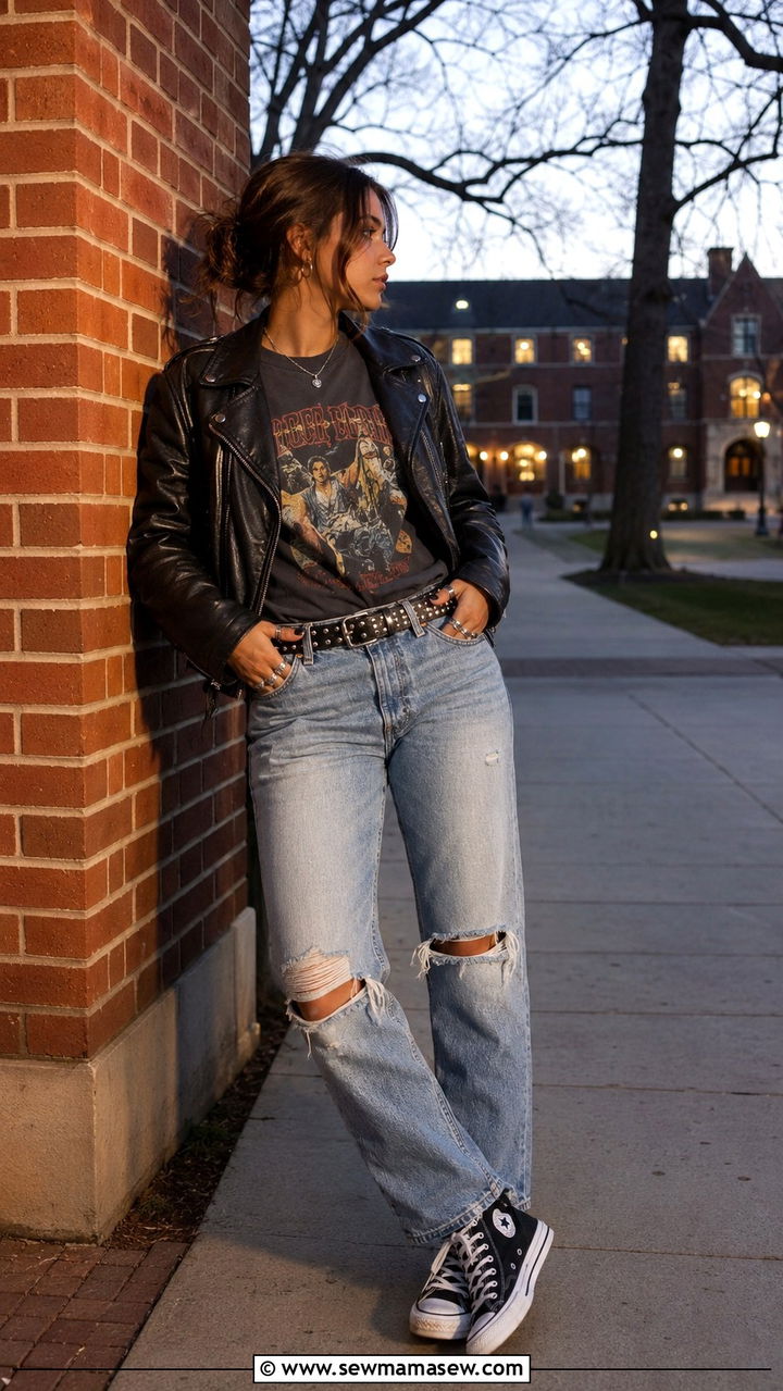 Band Tee and Distressed Jeans Outfit - 30 Spring outfits for college students