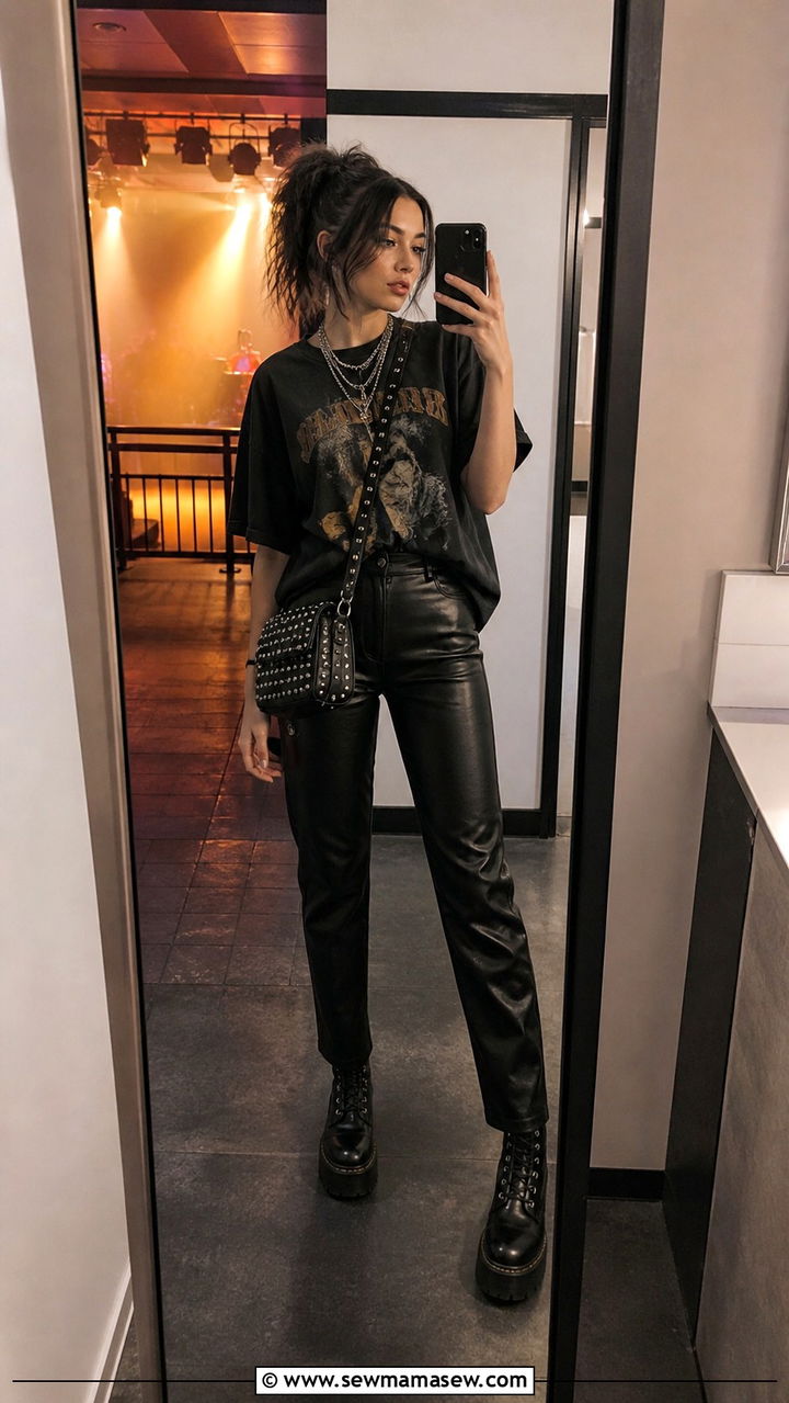 Band Tee and Faux Leather Pants Concert Outfit - 40 Concert outfit ideas