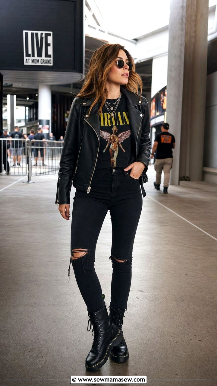 Band Tee and Leather Jacket Outfit - 25 cute 90s outfits