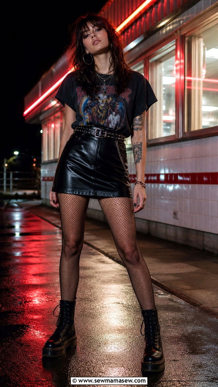 Band Tee and Leather Mini Skirt Grunge Outfit - 40 grunge outfits for women