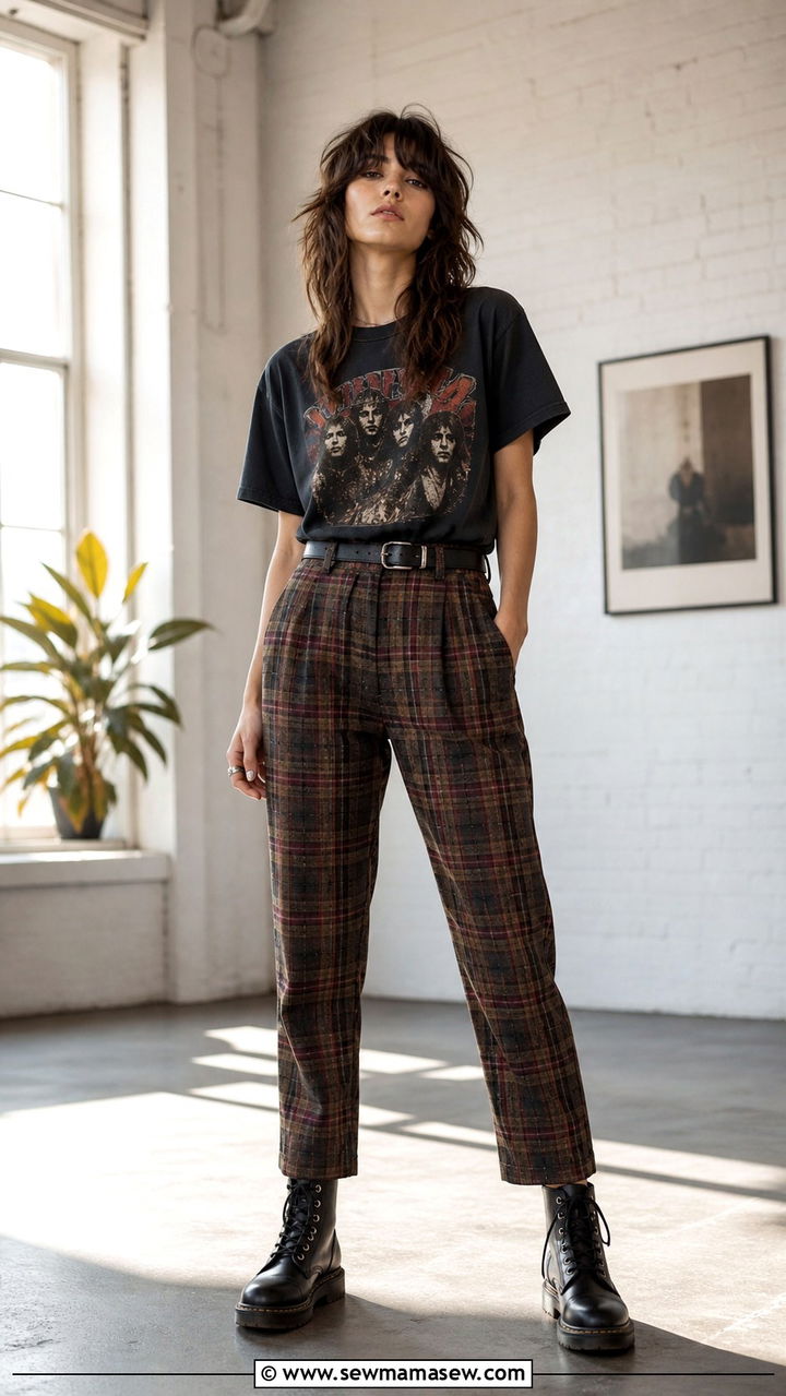Band Tee and Plaid Pants Grunge Look - 40 grunge outfits for women