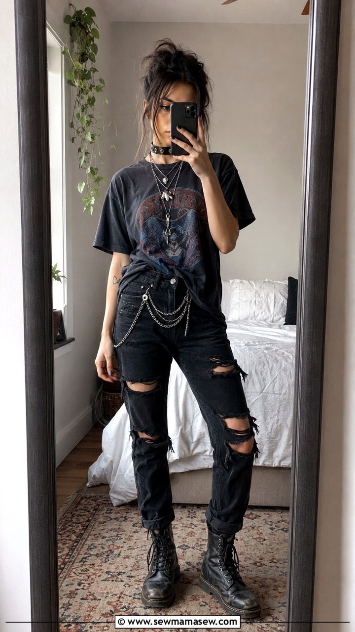 Band Tee and Ripped Jeans with Layered Chains and Choker - 30 grunge outfits inspo