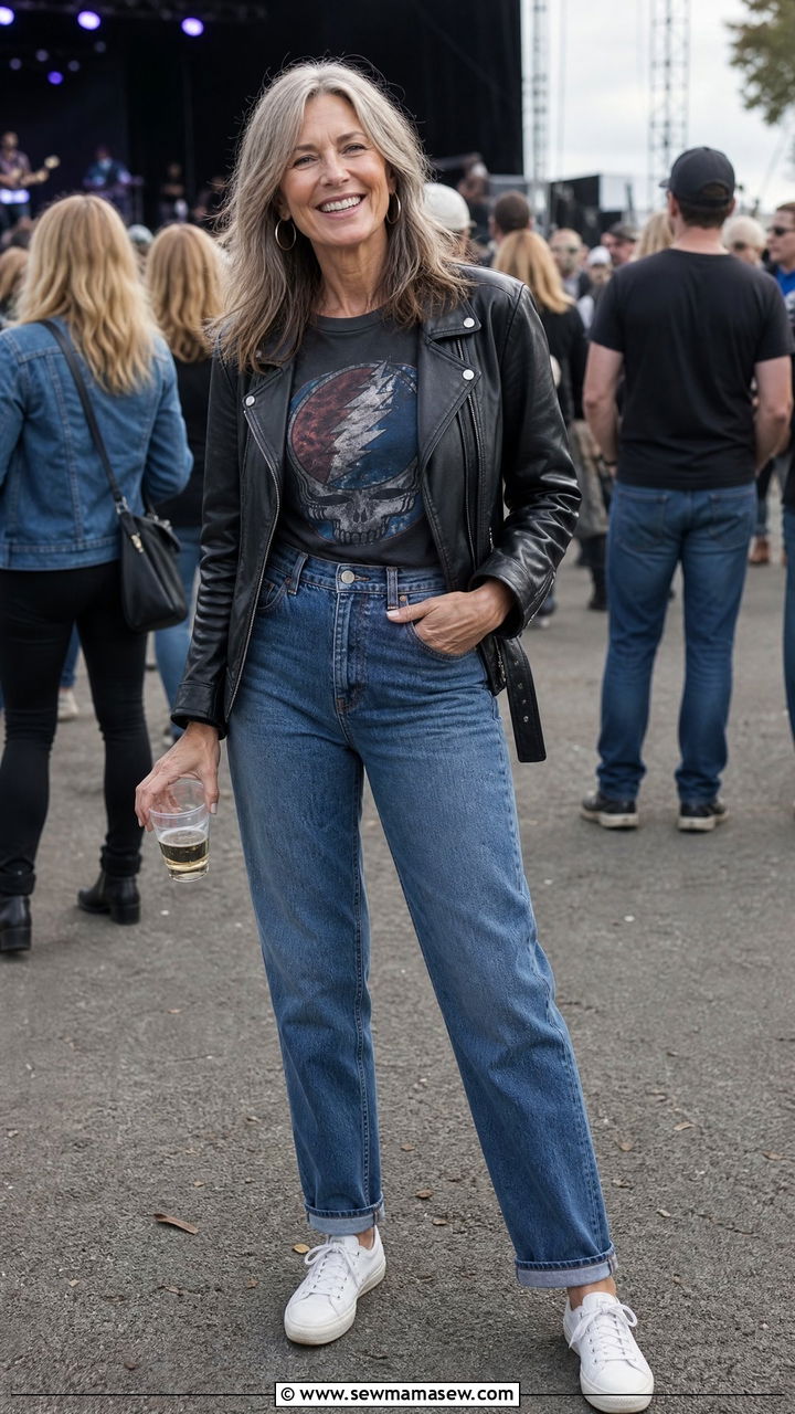 Band Tee and Straight Leg Jeans Outfit - 30 Concert outfit ideas for women over 50