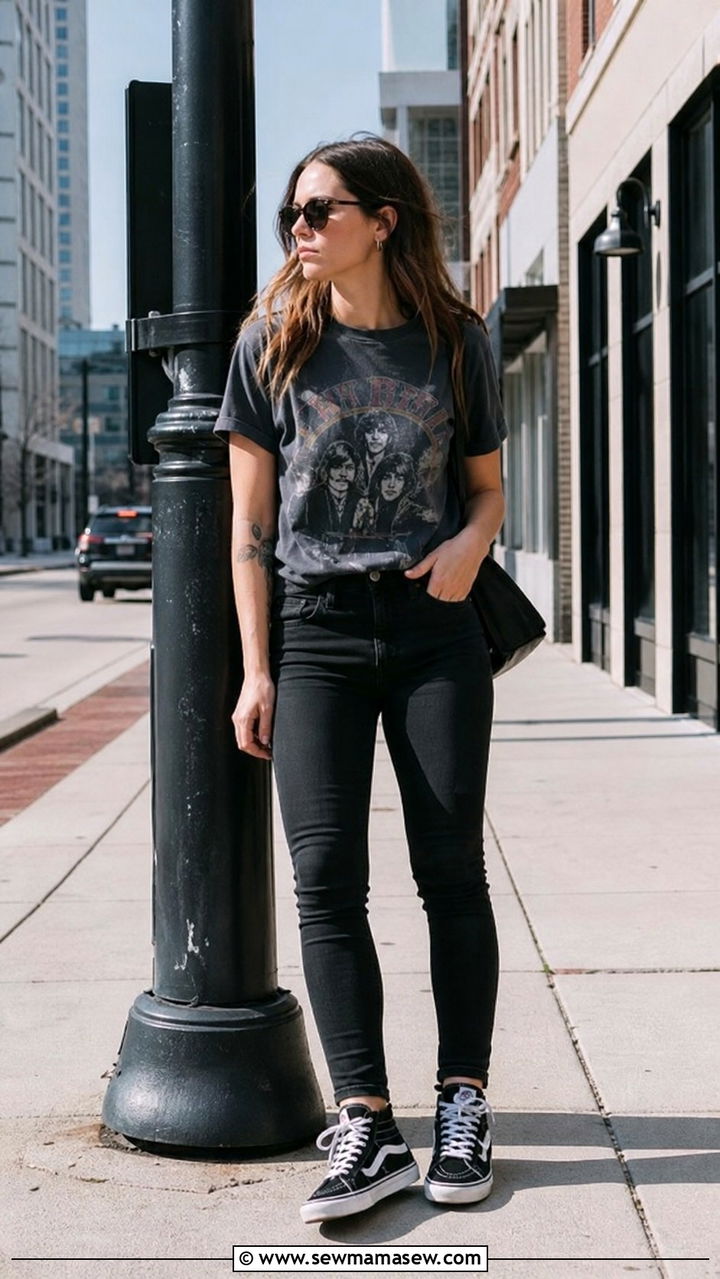 Band Tee with Black Skinny Jeans and High Top Sneakers - 40 casual jeans outfits