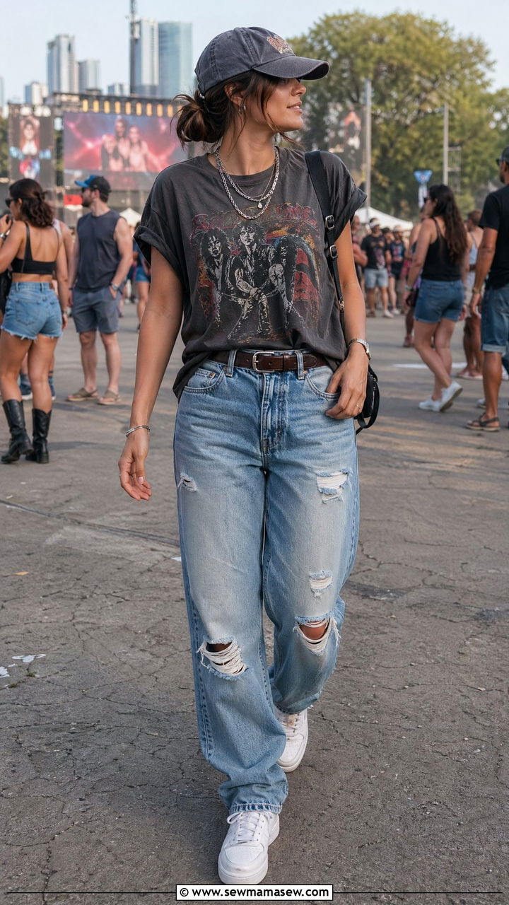 Band Tee with Distressed Jeans and White Sneakers - 35 festival outfits inspo