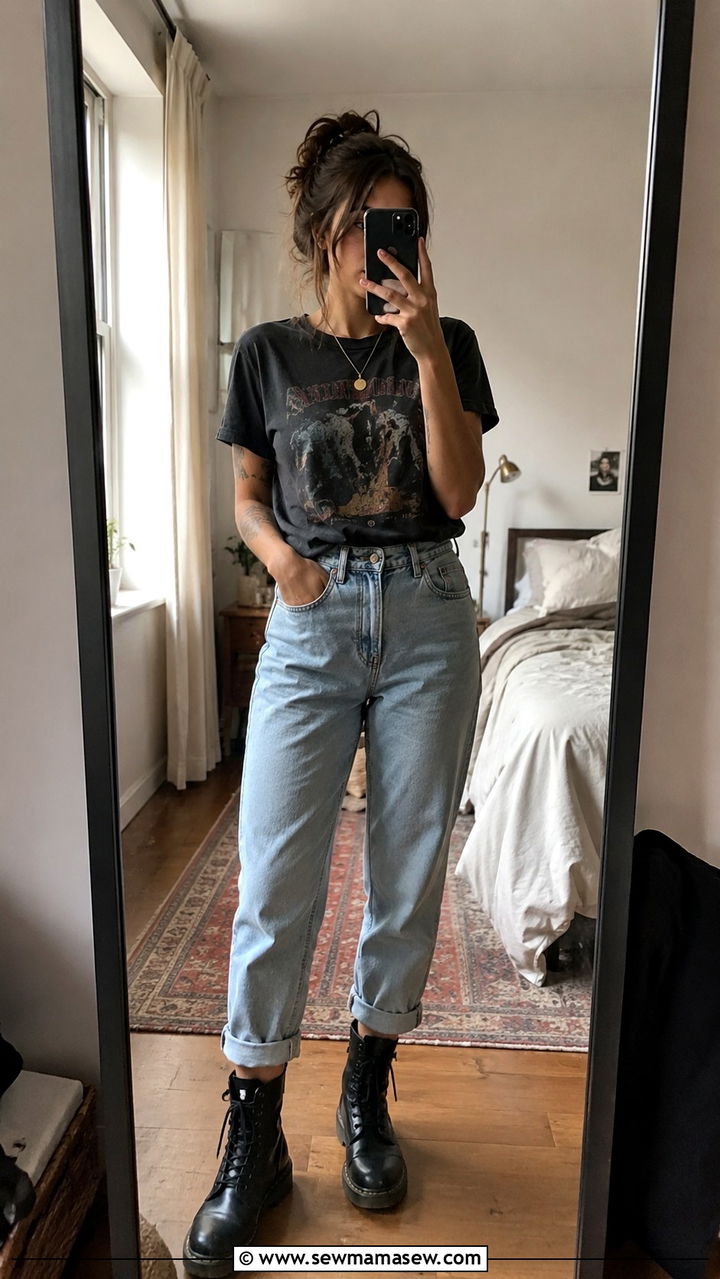 Band Tee with Mom Jeans and Combat Boots - 30 casual grunge outfits