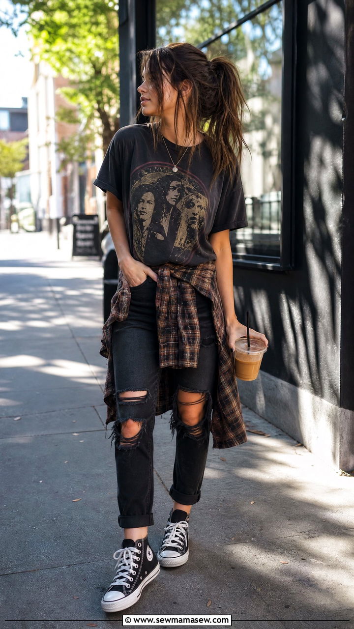 Band Tee with Ripped Jeans and Converse Sneakers - 35 grunge outfit ideas for women