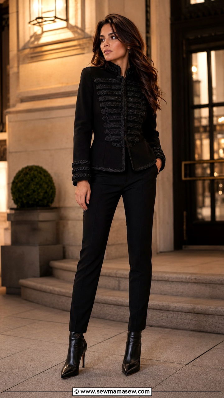 Band jacket with black slim trousers and heeled boots - 25 2026 outfits