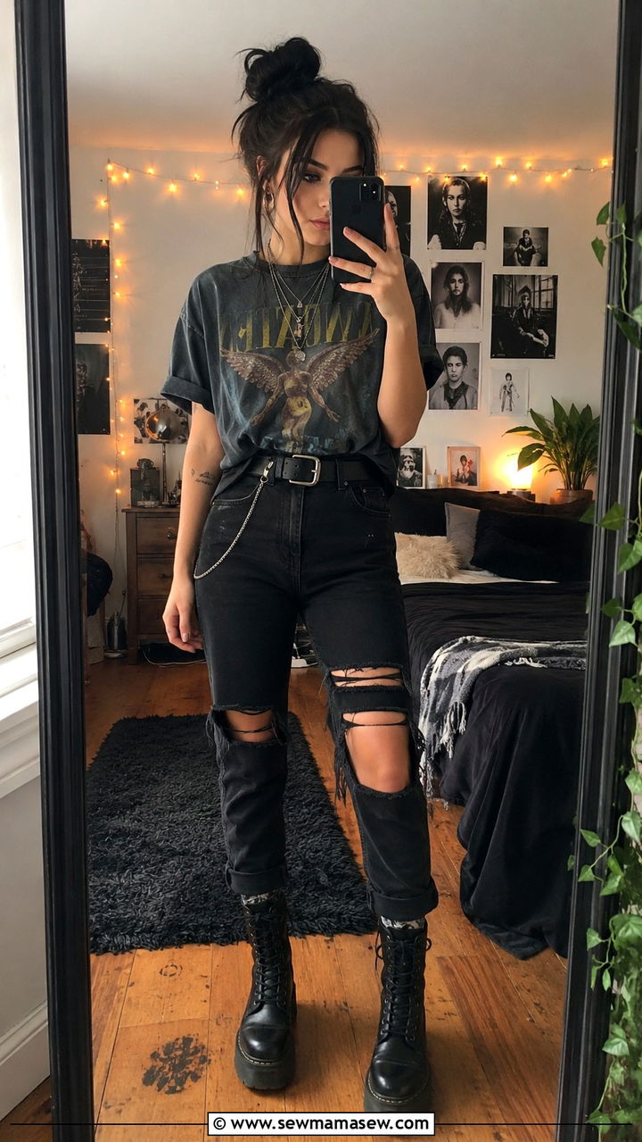Band tee with black ripped jeans and platform boots - 30 grunge outfits to copy