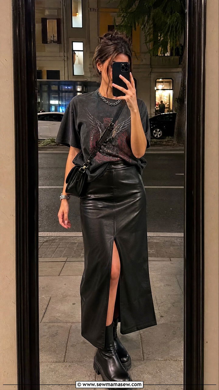 Band tee with leather maxi skirt - 35 maxi skirt outfits for women