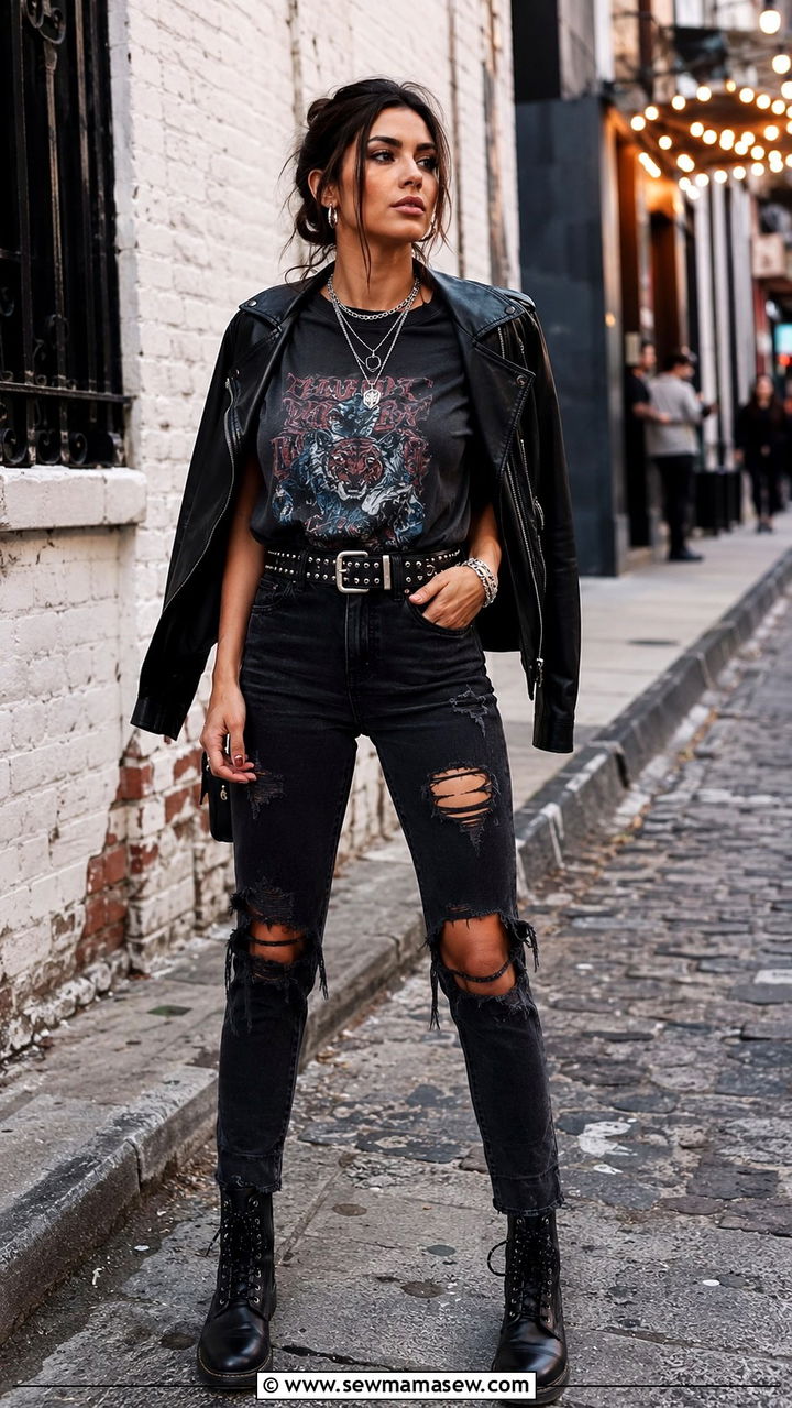 Band tee with ripped jeans and a studded belt - 30 How to style a belt