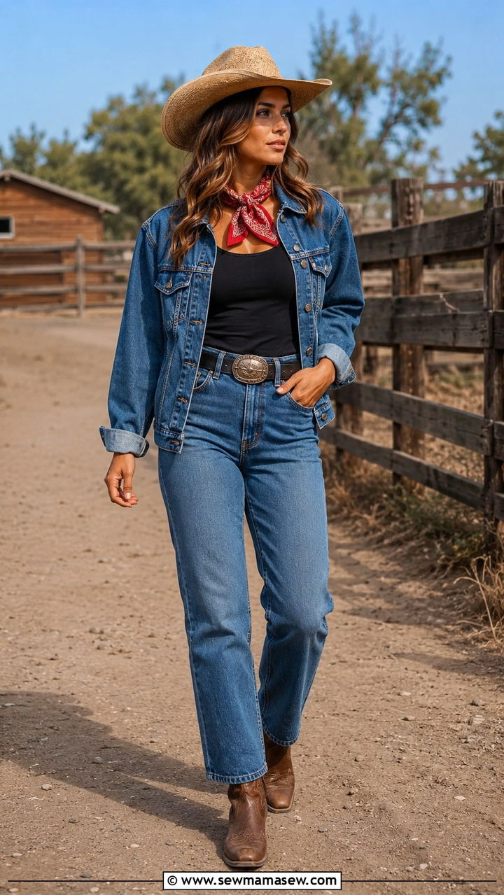 Bandana and denim jacket with cowboy boots - 20 Western outfit ideas Miranda Lambert style