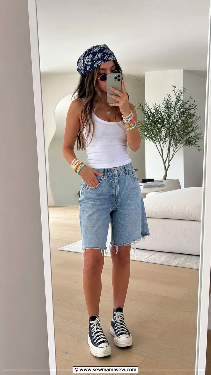 Bandana headscarf with tank top and flared jorts - 35 Lollapalooza outfit ideas