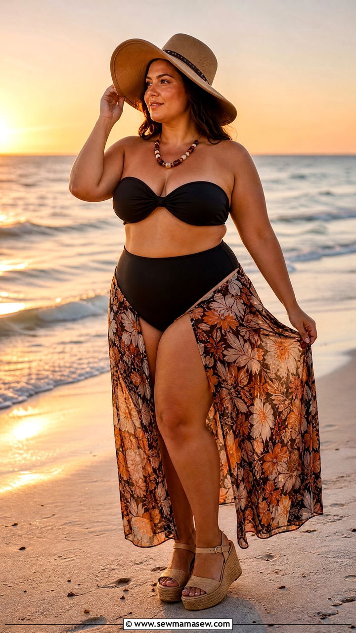 Bandeau Bikini With Flowy Maxi Skirt - 30 Plus size swimsuit outfit ideas