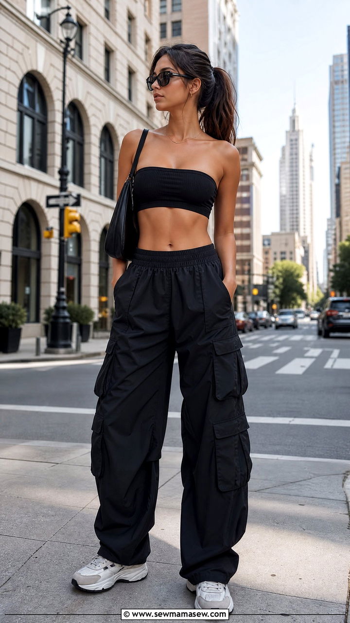 Bandeau Sports Bra With Wide Leg Cargo Pants - 25 Gym outfit ideas with sports bra