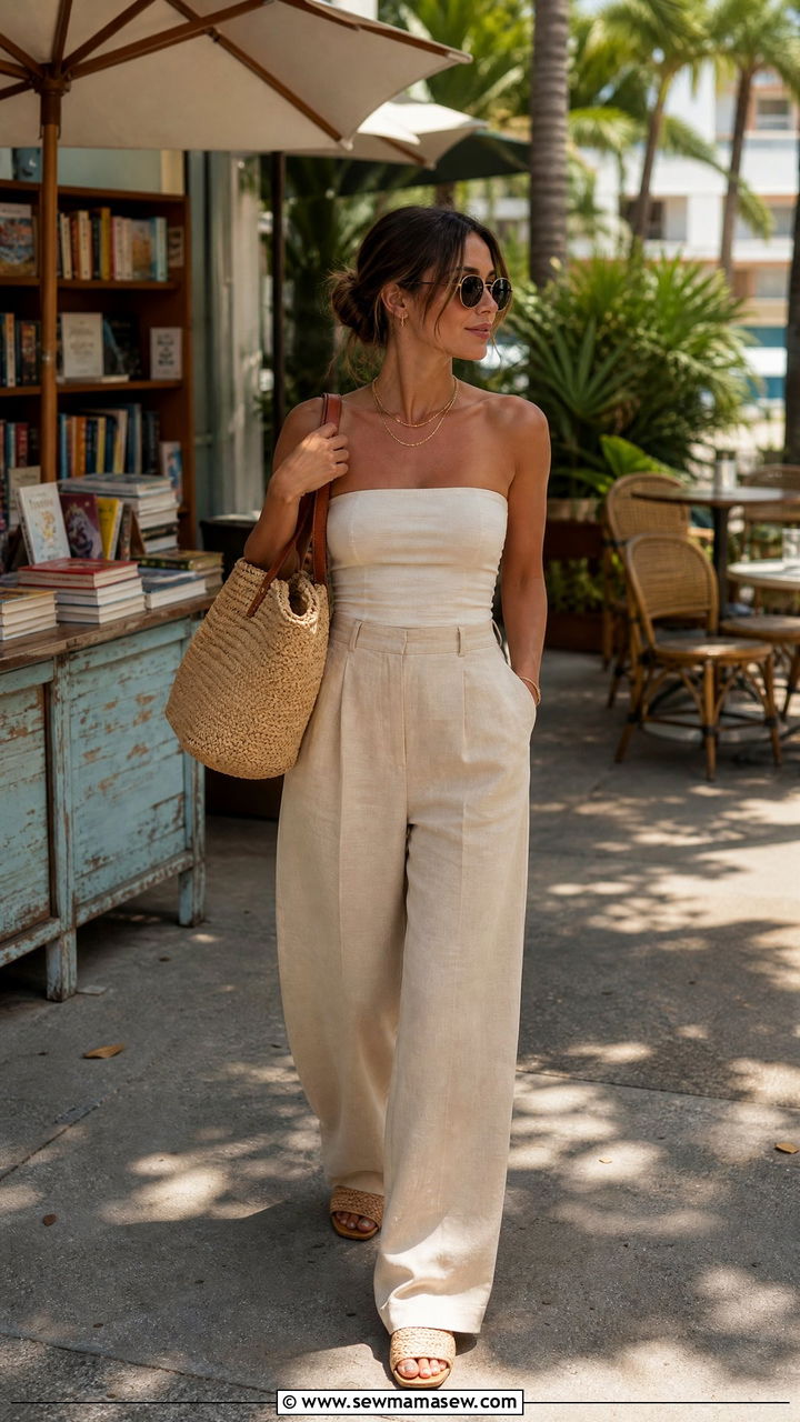 Bandeau Top With Wide Leg Linen Trousers - 35 Miami outfit ideas for women
