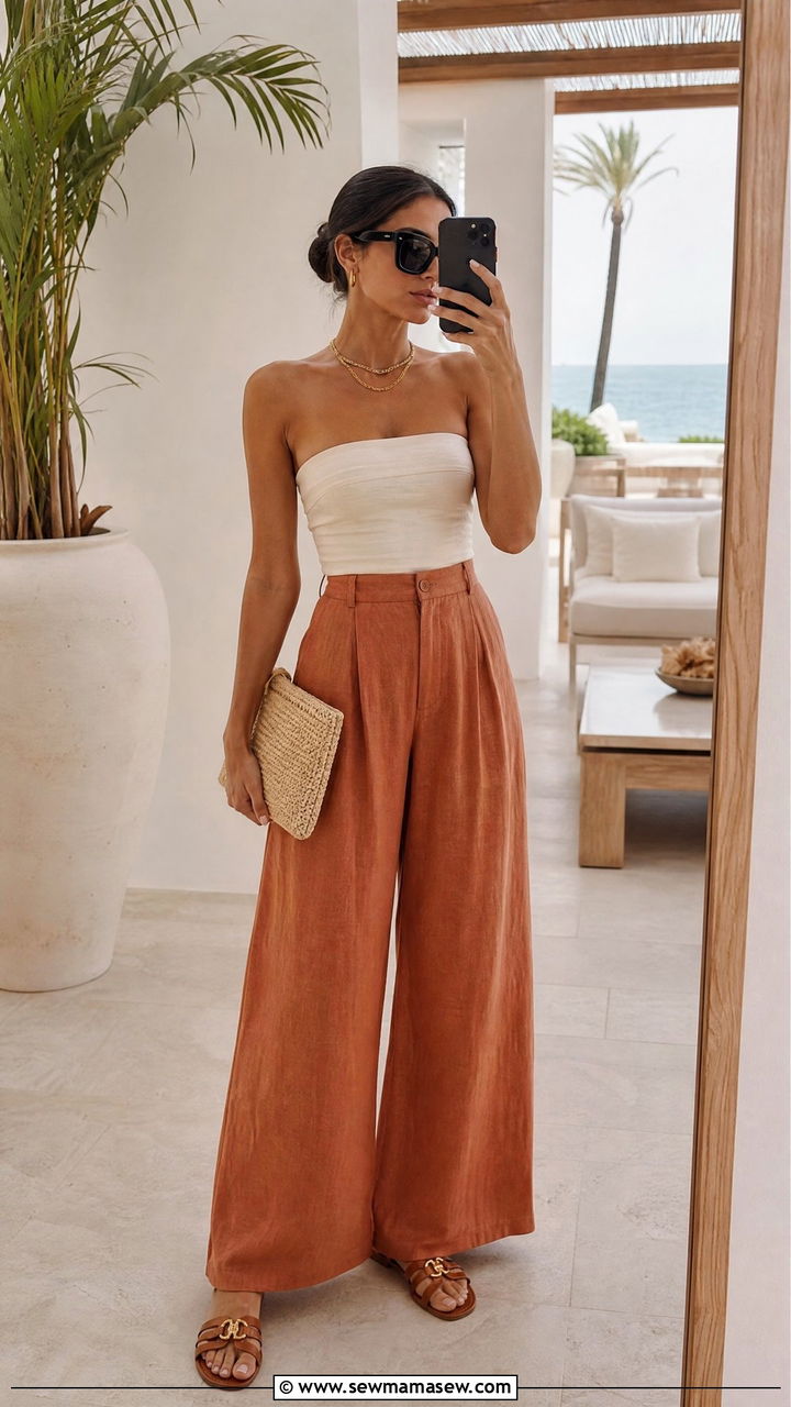 Bandeau top and wide leg linen trousers - 30 Coord set outfit ideas for vacation