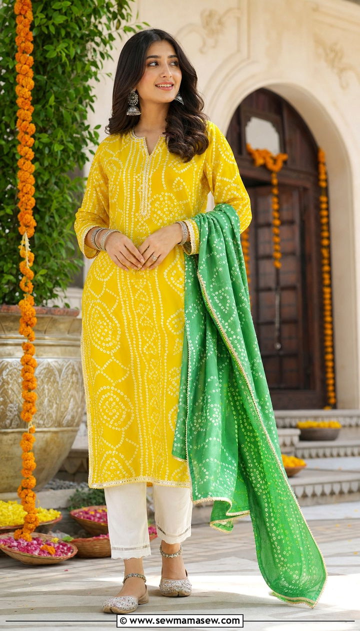 Bandhani Kurta With Contrast Dupatta - 25 Eid outfit ideas Indian