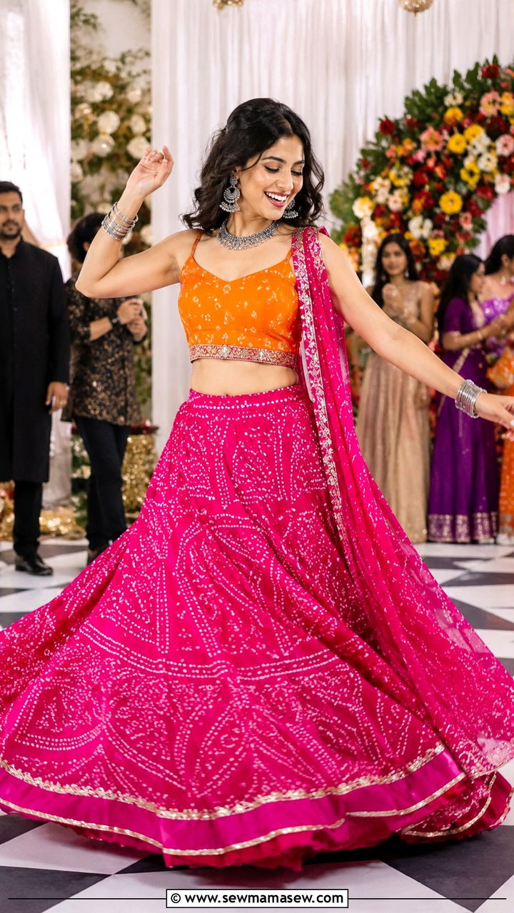 Bandhani Lehenga for Sangeet Guest - 25 Wedding guest outfit ideas Sangeet ceremony