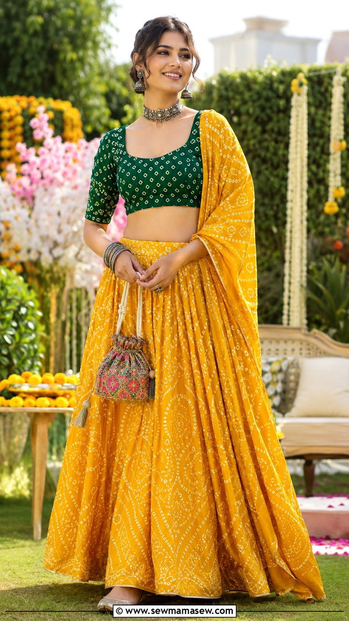 Bandhani Print Lehenga With Contrast Blouse - 20 Wedding guest outfit ideas Barat ceremony