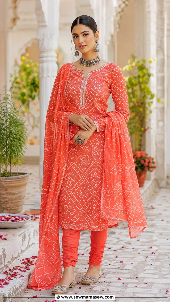 Bandhani Print Salwar Suit in Coral - 25 Wedding guest outfit ideas Mehndi ceremony