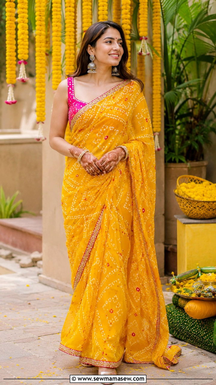 Bandhani Print Saree With Jhumkas And Gold Footwear - 20 Wedding guest outfit ideas Haldi ceremony