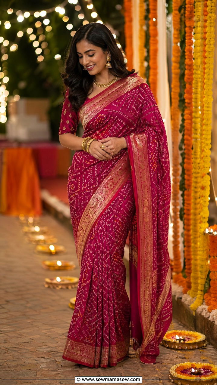 Bandhani print saree with gold accessories - 35 Diwali party outfit ideas
