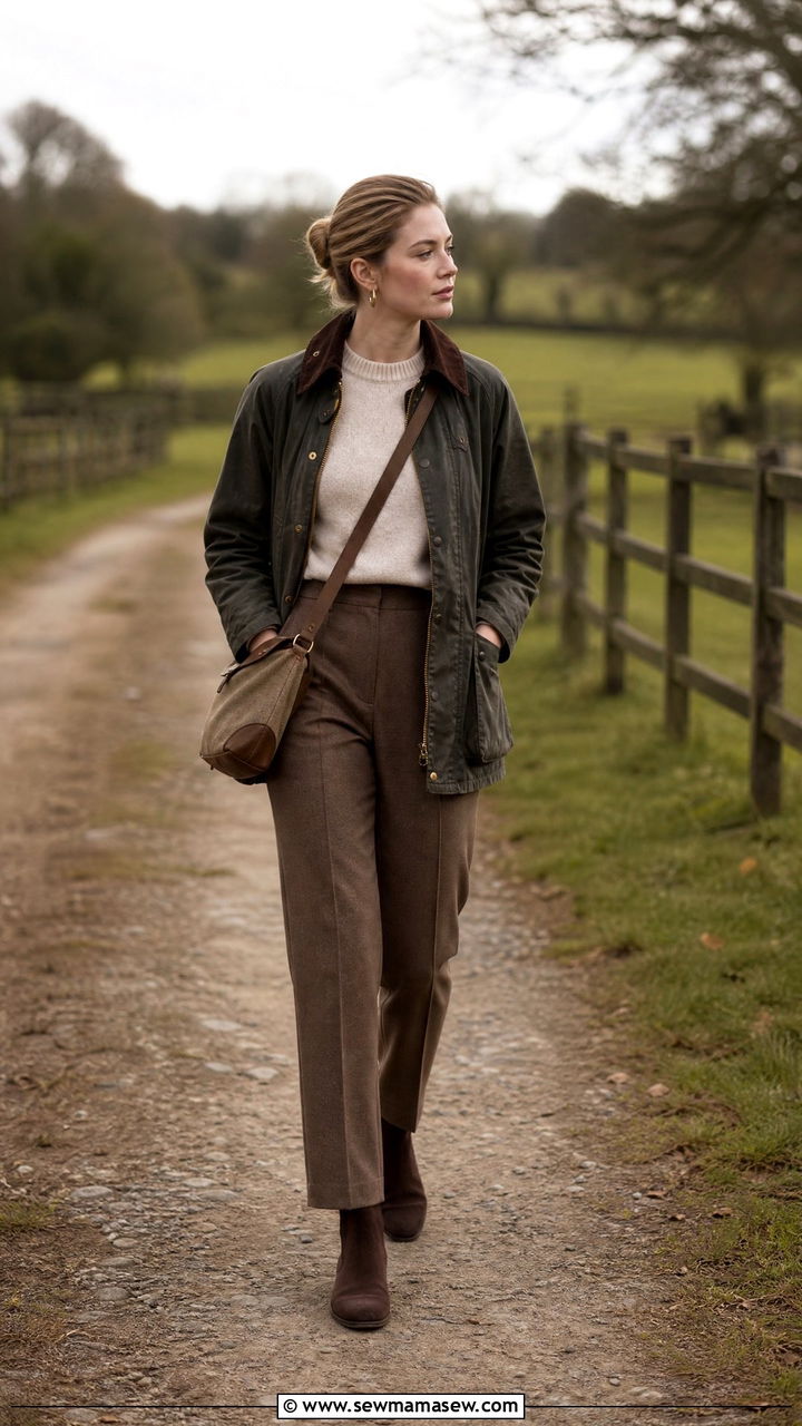 Barbour Wax Jacket Outfit With Tailored Trousers - 25 Old money outfit ideas equestrian