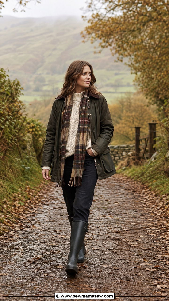 Barbour waxed jacket with straight jeans and Hunter wellies - 25 Old money outfit ideas with equestrian style