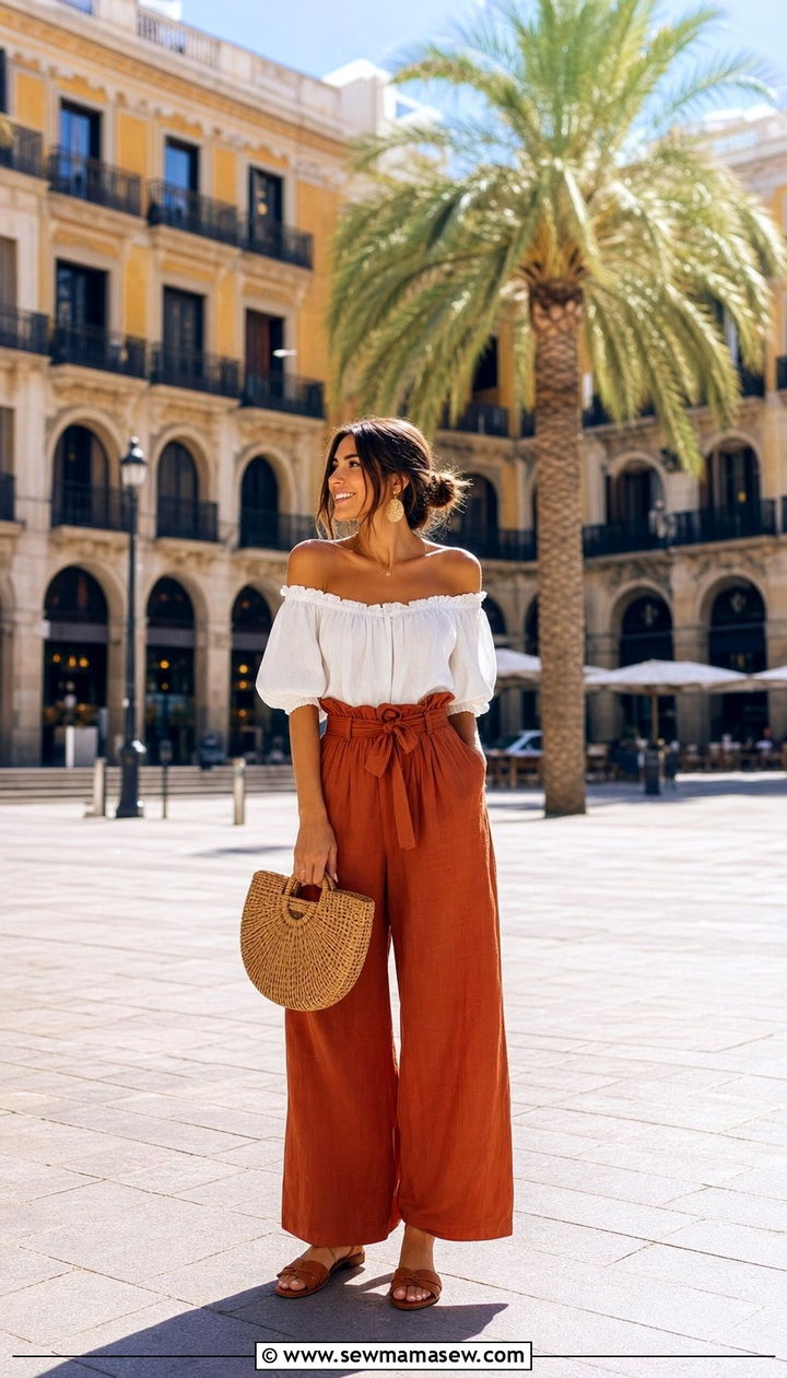Barcelona Off Shoulder Top and Wide Leg Trousers - 25 Europe travel outfits inspo