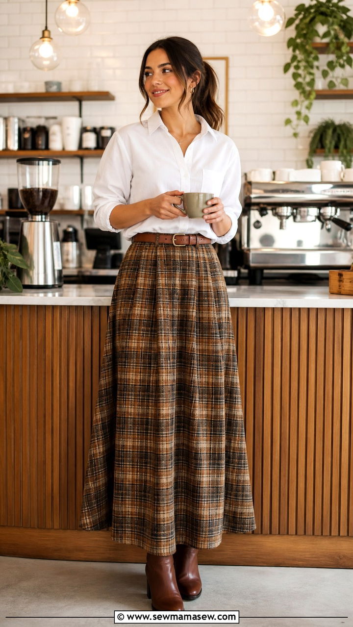 Barista Outfit with Plaid Maxi Skirt and Brown Boots - 20 Barista outfit ideas