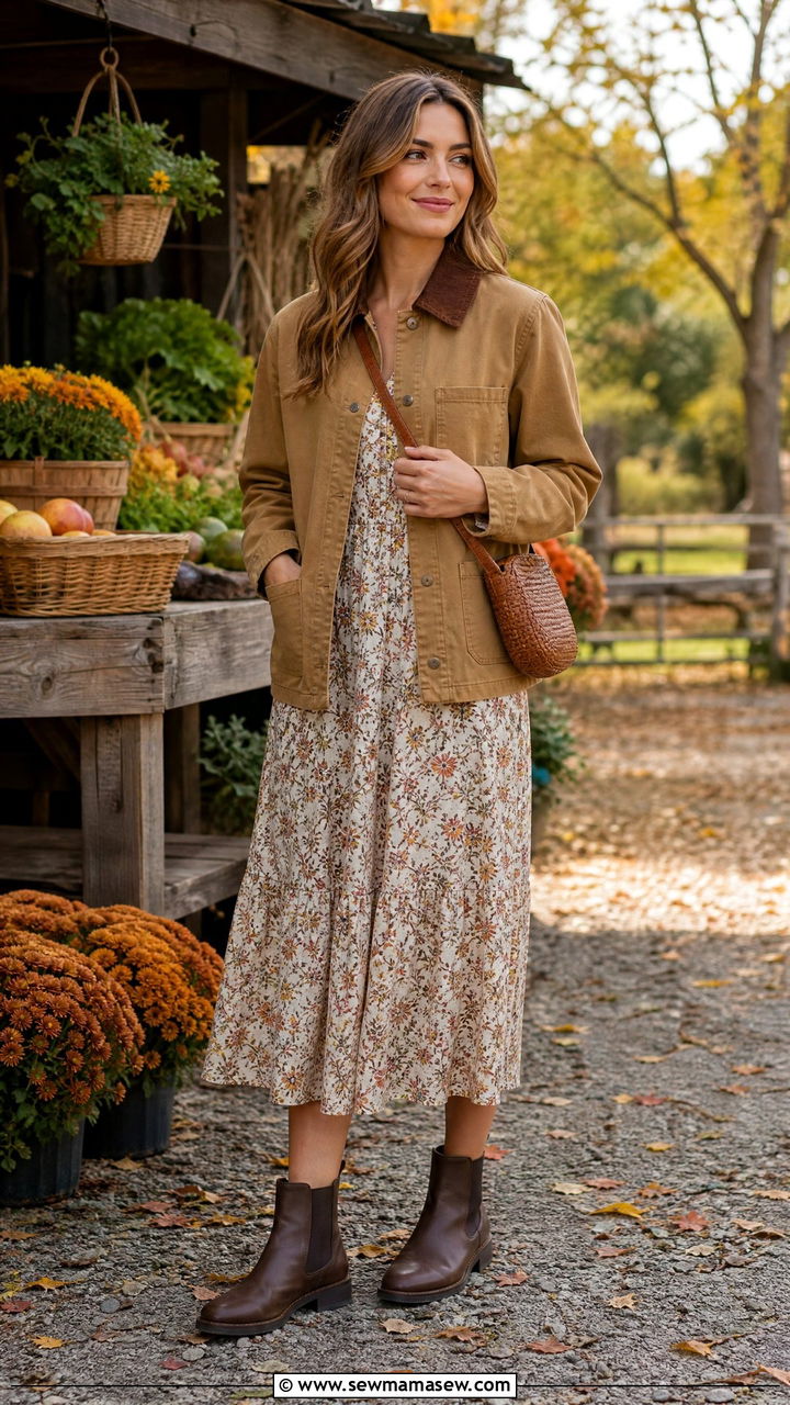 Barn Jacket And Floral Midi Dress With Chelsea Boots - 35 jacket outfits