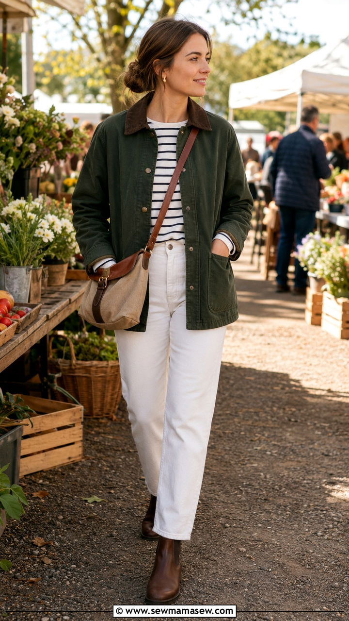 Barn Jacket And White Jeans Weekender Style - 25 transitional travel outfit ideas