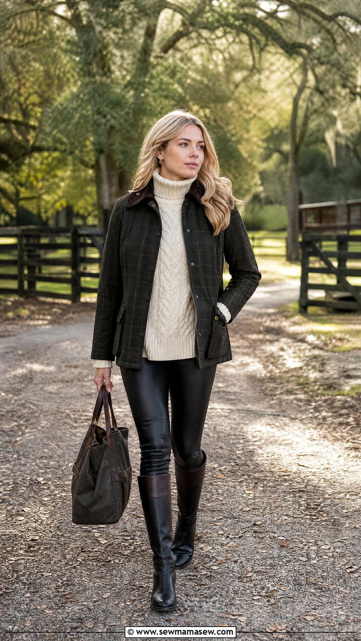 Barn Jacket Outfit With Fisherman Sweater And Leggings - 25 Old money outfit ideas equestrian