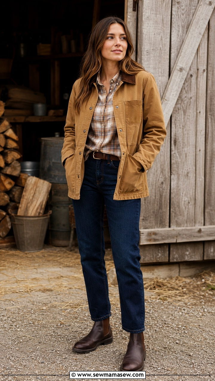Barn Jacket Outfit with Plaid Button Down and Dark Wash Jeans - 30 Spring cabin weekend outfits