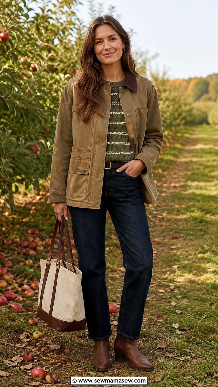 Barn Jacket Over A Striped Knit And Dark Wash Jeans - 30 transitional outfits Pinterest