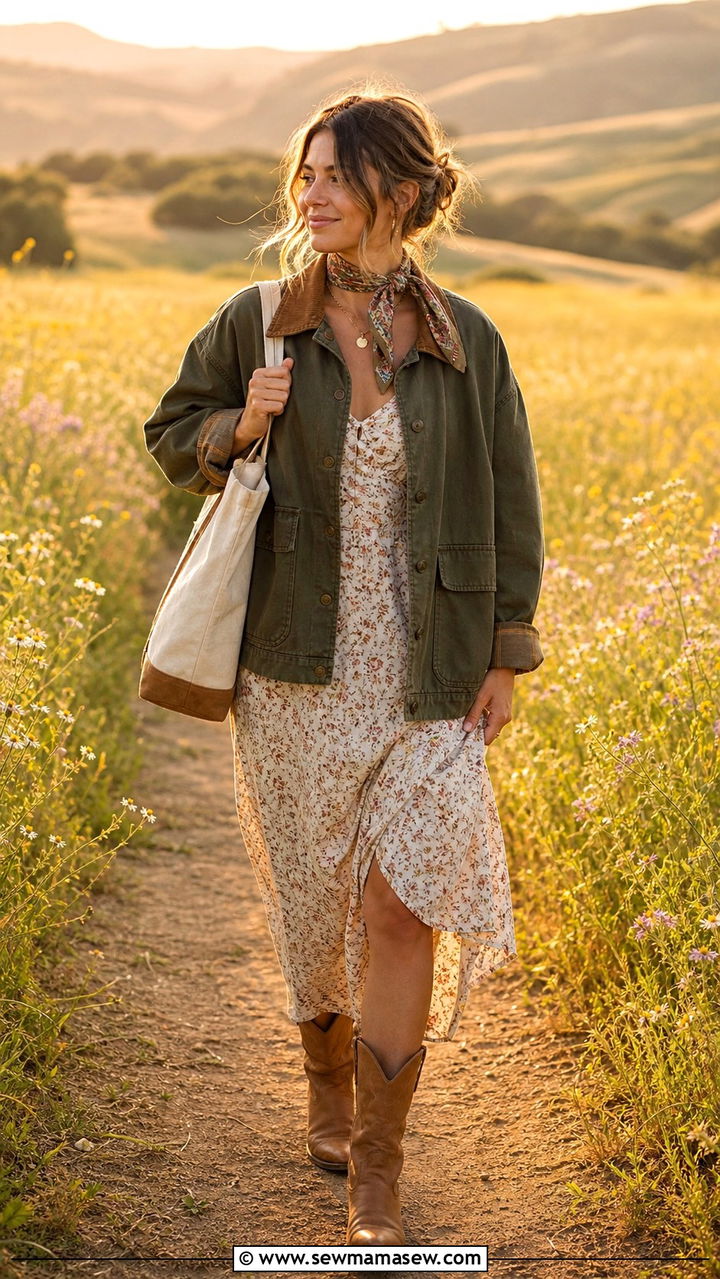 Barn Jacket Over Sundress and Cowboy Boots - 40 summer to fall outfits
