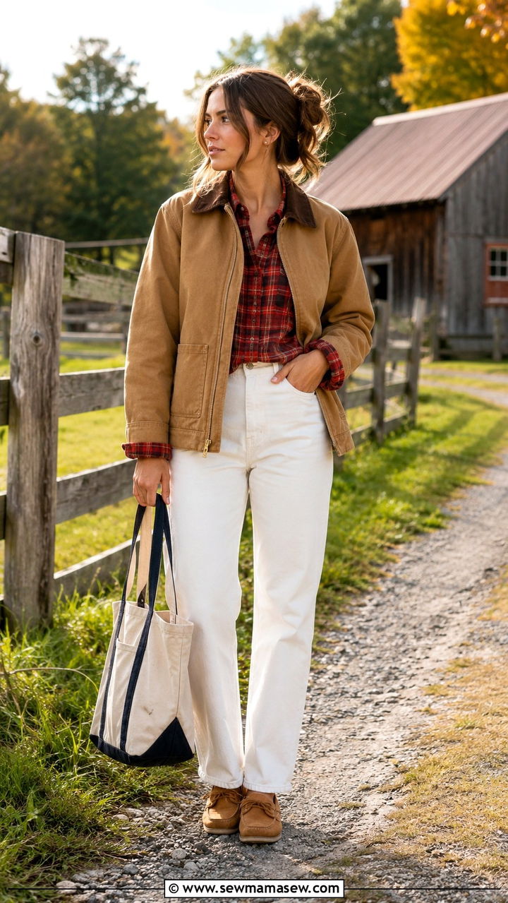 Barn Jacket With Flannel And White Jeans - 30 cute summer to fall outfits