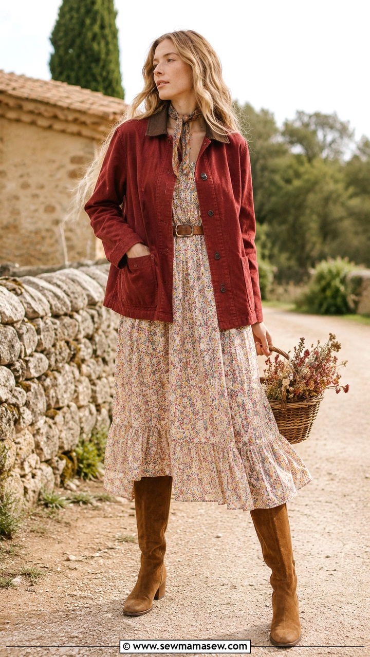 Barn Jacket With Floral Dress And Tall Boots - 20 Boho outfit ideas Dôen style