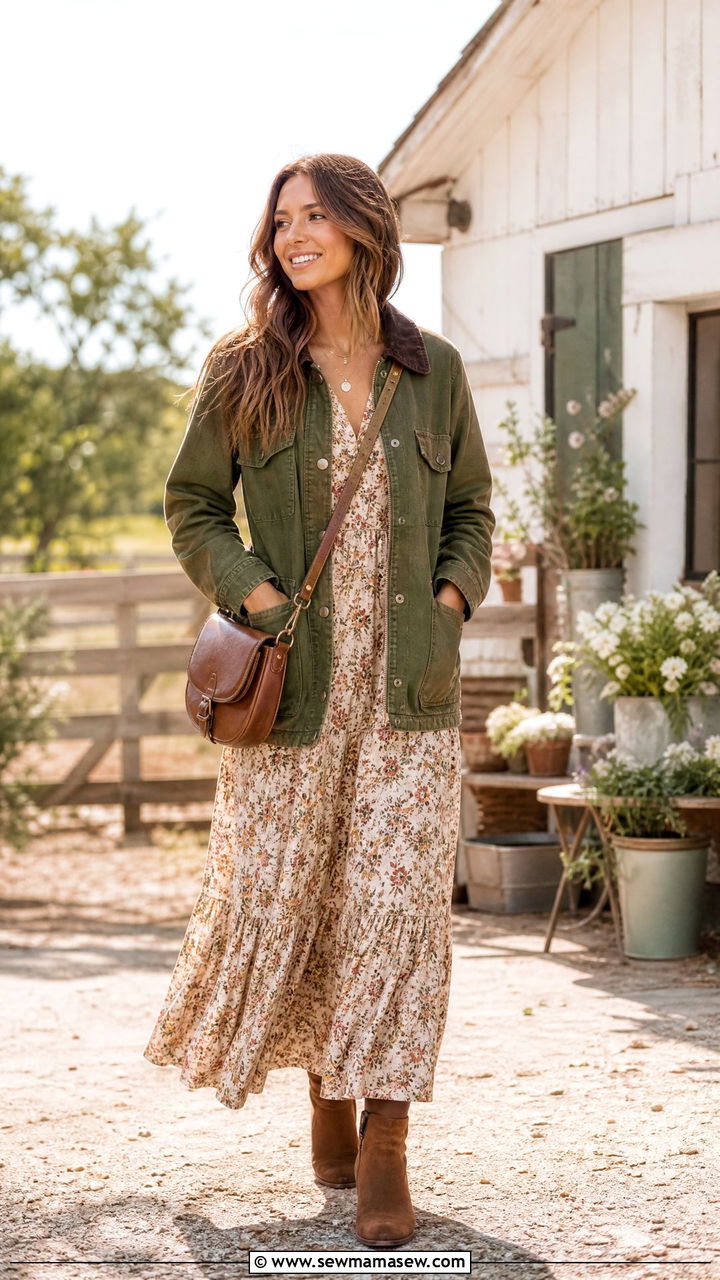 Barn Jacket With Floral Maxi Dress Outfit - 25 March outfit ideas