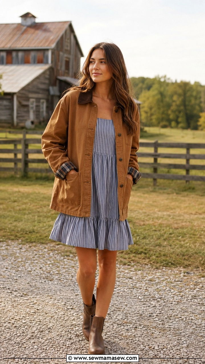 Barn Jacket With Striped Sundress and Ankle Boots - 30 transitional outfits aesthetic