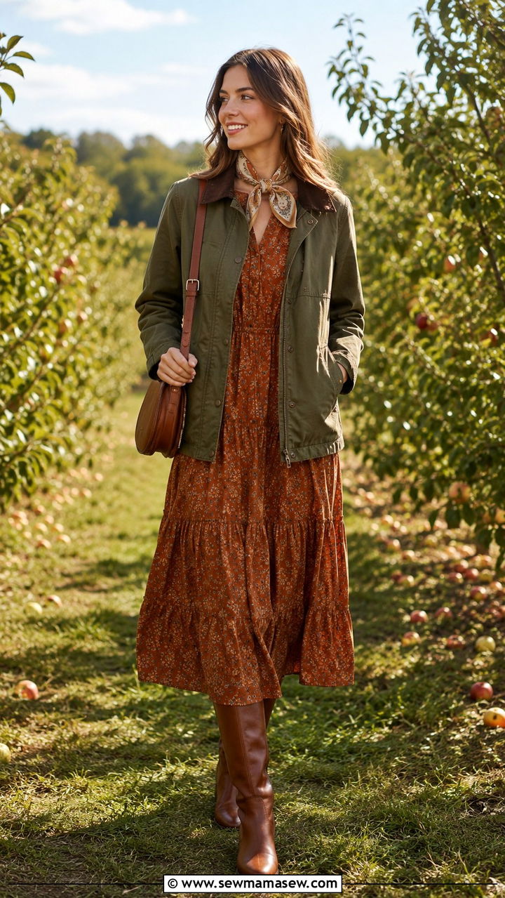 Barn Jacket With Tiered Midi Dress - 30 transitional cute outfit ideas