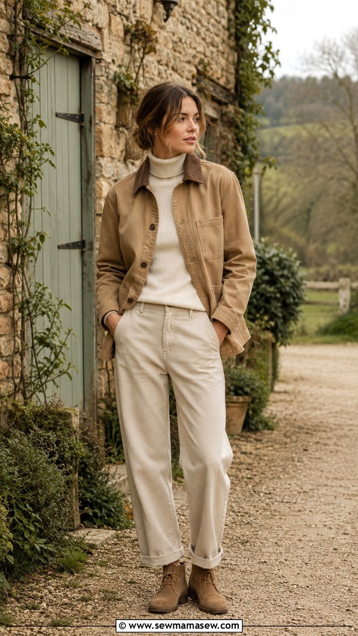 Barn Jacket With Turtleneck and Relaxed Trousers - 20 Spring outfits for 50 degree weather
