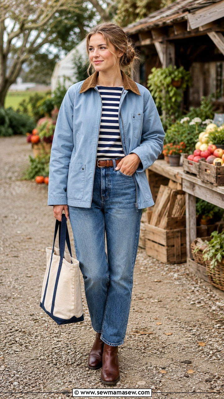 Barn Jacket With a Striped Long Sleeve Tee and Straight Jeans - 30 Light jacket weather outfit ideas