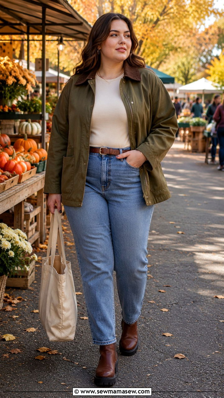 Barn Jacket with Bodysuit and Straight Leg Jeans - 30 casual outfits for midsize women