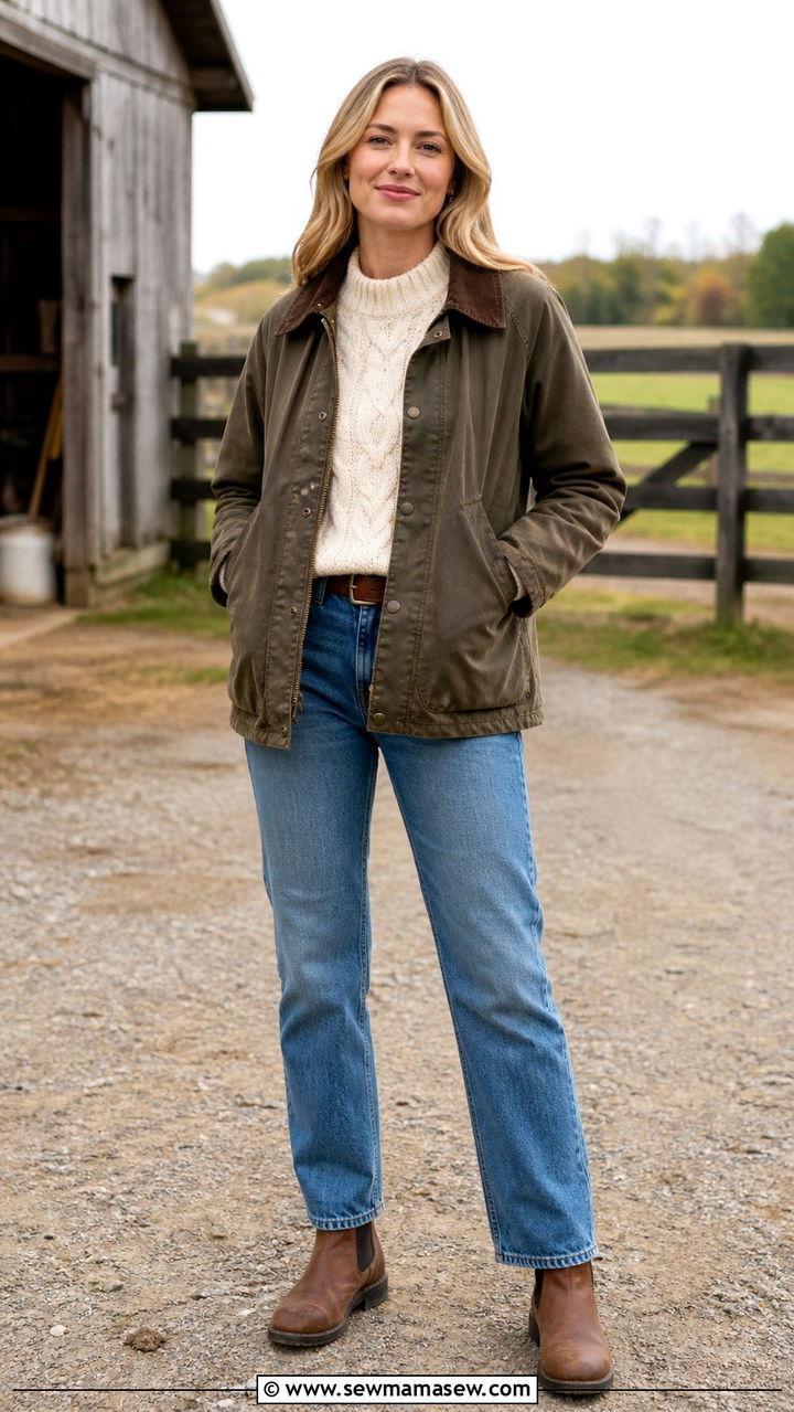 Barn Jacket with Cable Knit Sweater and Straight Leg Jeans - 40 jacket outfits for women